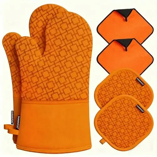 Oven Mitts and Pot Holders Sets 6pcs, Kitchen Oven Glove,High Heat Resistant 550 Degree Extra Long Oven Mitts and Potholders with Non-Slip Silicone Surface for Home Essentials (Grey) (Pumpkin Orange) 