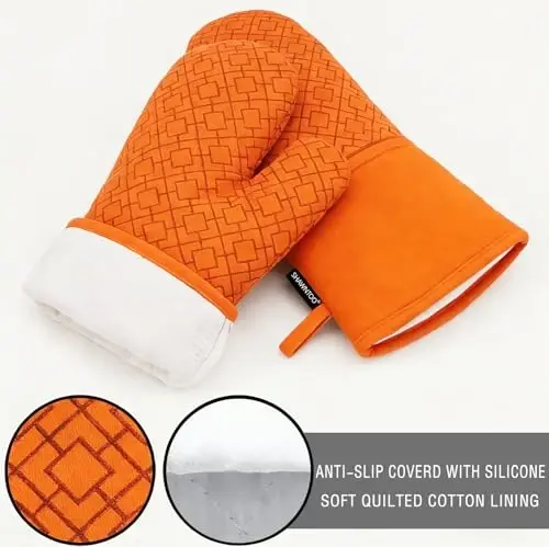 Oven Mitts and Pot Holders Sets 6pcs, Kitchen Oven Glove,High Heat Resistant 550 Degree Extra Long Oven Mitts and Potholders with Non-Slip Silicone Surface for Home Essentials (Grey) (Pumpkin Orange) - 3