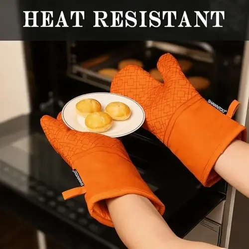 Oven Mitts and Pot Holders Sets 6pcs, Kitchen Oven Glove,High Heat Resistant 550 Degree Extra Long Oven Mitts and Potholders with Non-Slip Silicone Surface for Home Essentials (Grey) (Pumpkin Orange) - 4