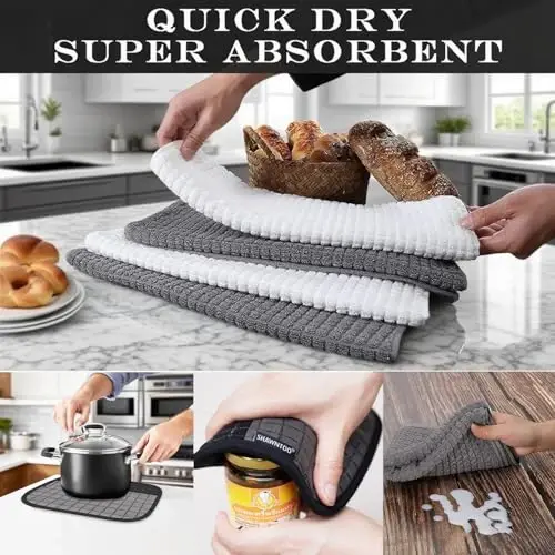 Oven Mitts and Pot Holders Sets 6pcs, Kitchen Oven Glove,High Heat Resistant 550 Degree Extra Long Oven Mitts and Potholders with Non-Slip Silicone Surface for Home Essentials (Grey) (Charcoal Grey) - 5