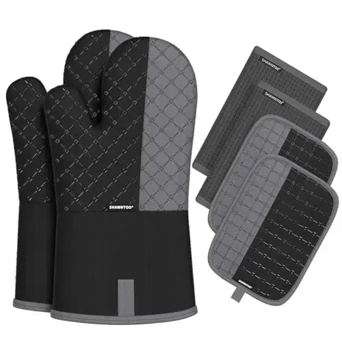 Oven Mitts and Pot Holders Sets 6pcs, Kitchen Oven Glove,High Heat Resistant 550 Degree Extra Long Oven Mitts and Potholders with Non-Slip Silicone Surface for Home Essentials (Grey) (Matte Black) - MODAZONE