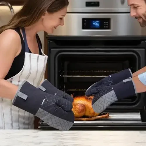 Oven Mitts and Pot Holders Sets 6pcs, Kitchen Oven Glove,High Heat Resistant 550 Degree Extra Long Oven Mitts and Potholders with Non-Slip Silicone Surface for Home Essentials (Grey) (Matte Black) - 5