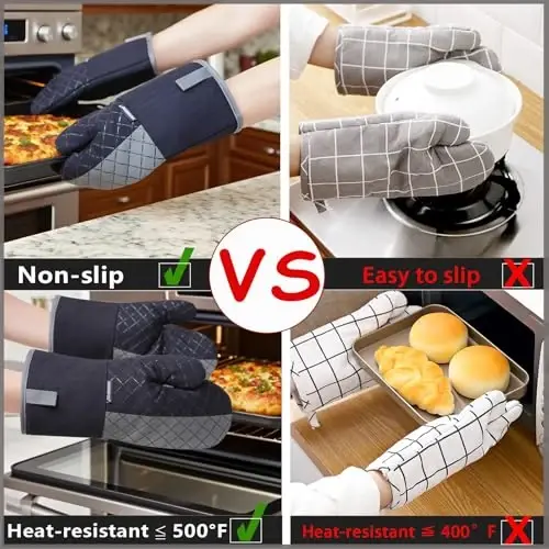 Oven Mitts and Pot Holders Sets 6pcs, Kitchen Oven Glove,High Heat Resistant 550 Degree Extra Long Oven Mitts and Potholders with Non-Slip Silicone Surface for Home Essentials (Grey) (Matte Black) - 4