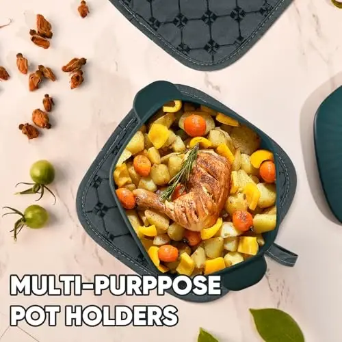 Oven Mitts Kitchen Towels Dishcloths with Pot Holders Sets 12PCS,Dish Towels Sets,Oven Gloves Pot Pads Heat Resistant 500 Degrees with Non-Slip Silicone Surface for Cooking Baking Grilling-Deep Green - 4