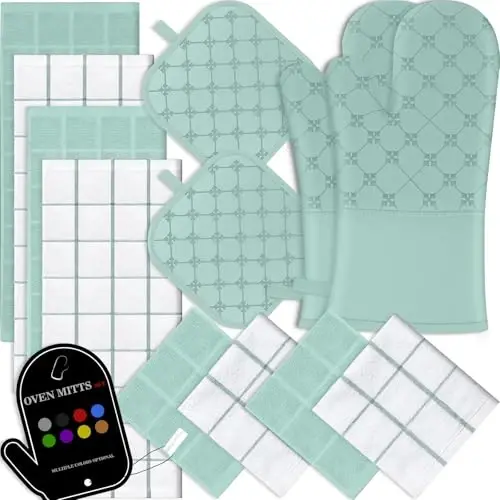 Oven Mitts Kitchen Towels Dishcloths with Pot Holders Sets 12PCS,Dish Towels Sets,Oven Gloves Pot Pads Heat Resistant 500 Degrees with Non-Slip Silicone Surface for Cooking Baking Grilling-Mint Green - 1
