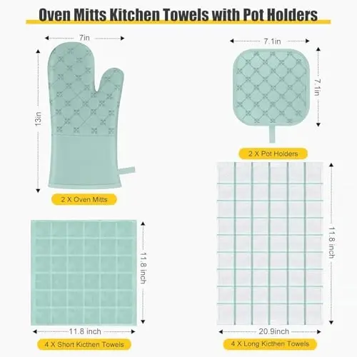 Oven Mitts Kitchen Towels Dishcloths with Pot Holders Sets 12PCS,Dish Towels Sets,Oven Gloves Pot Pads Heat Resistant 500 Degrees with Non-Slip Silicone Surface for Cooking Baking Grilling-Mint Green - 2