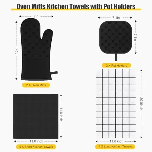 Oven Mitts Kitchen Towels Dishcloths with Pot Holders Sets 12PCS, Dish Towels Sets, Oven Gloves Pot Pads Heat Resistant 500 Degrees with Non-Slip Silicone Surface for Cooking Baking Grilling Black - 2