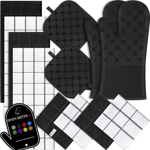 Oven Mitts Kitchen Towels Dishcloths with Pot Holders Sets 12PCS, Dish Towels Sets, Oven Gloves Pot Pads Heat Resistant 500 Degrees with Non-Slip Silicone Surface for Cooking Baking Grilling Black - MODAZONE