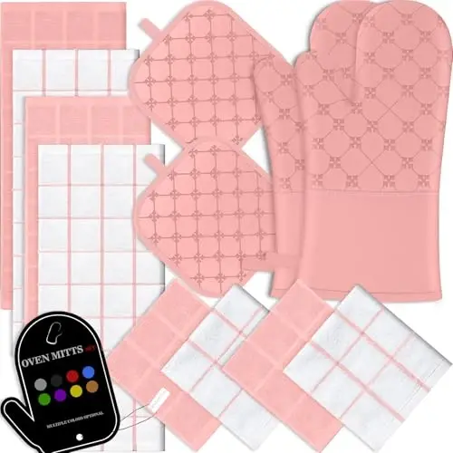 Oven Mitts Kitchen Towels Dishcloths with Pot Holders Sets 12PCS, Dish Towels Sets, Oven Gloves Pot Pads Heat Resistant 500 Degrees with Non-Slip Silicone Surface for Cooking Baking Grilling-Pink - MODAZONE