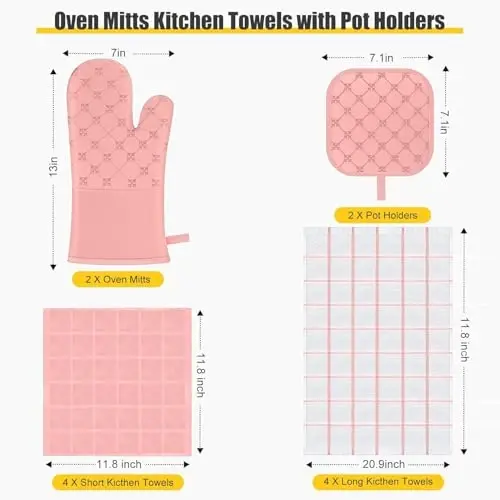 Oven Mitts Kitchen Towels Dishcloths with Pot Holders Sets 12PCS, Dish Towels Sets, Oven Gloves Pot Pads Heat Resistant 500 Degrees with Non-Slip Silicone Surface for Cooking Baking Grilling-Pink - 2