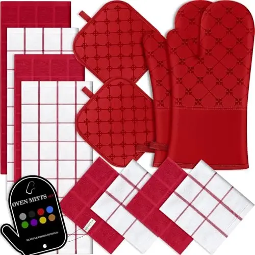 Oven Mitts Kitchen Towels Dishcloths with Pot Holders Sets 12PCS, Dish Towels Sets, Oven Gloves Pot Pads Heat Resistant 500 Degrees with Non-Slip Silicone Surface for Cooking Baking Grilling Red 