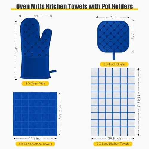Oven Mitts Kitchen Towels Dishcloths with Pot Holders Sets, Dish Towels Sets, Oven Gloves Pot Pads Heat Resistant 500 Degrees with Non-Slip Silicone Surface for Cooking Baking Grilling-Royal Blue - 2