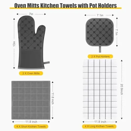 Oven Mitts Kitchen Towels Dishcloths with Pot Holders Sets 12PCS, Dish Towels Sets, Oven Gloves Pot Pads Heat Resistant 500 Degrees with Non-Slip Silicone Surface for Cooking Baking Grilling-Gray - 2