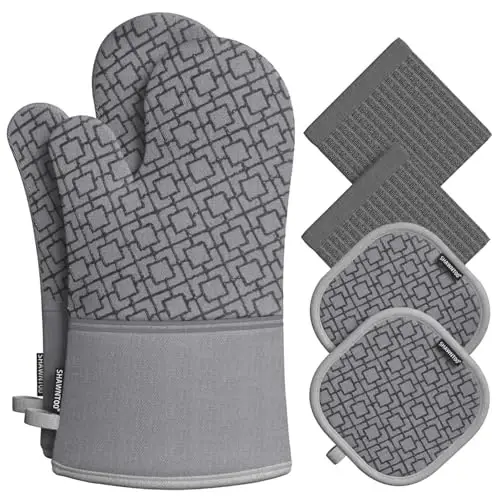 Oven Mitts and Pot Holders Sets 6pcs, Kitchen Oven Glove,High Heat Resistant 550 Degree Extra Long Oven Mitts and Potholders with Non-Slip Silicone Surface for Home Essentials (Grey) (Gray) - 1