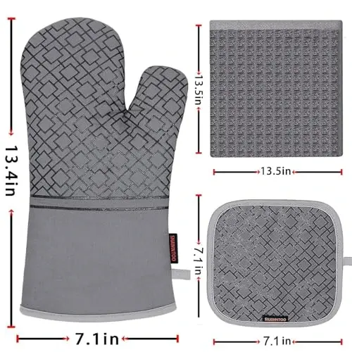 Oven Mitts and Pot Holders Sets 6pcs, Kitchen Oven Glove,High Heat Resistant 550 Degree Extra Long Oven Mitts and Potholders with Non-Slip Silicone Surface for Apartment Essentials (Grey) (Gray) - MODAZONE (1)