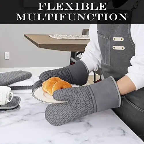 Oven Mitts and Pot Holders Sets 6pcs, Kitchen Oven Glove,High Heat Resistant 550 Degree Extra Long Oven Mitts and Potholders with Non-Slip Silicone Surface for Apartment Essentials (Grey) (Gray) - 4