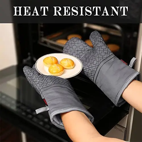 Oven Mitts and Pot Holders Sets 6pcs, Kitchen Oven Glove,High Heat Resistant 550 Degree Extra Long Oven Mitts and Potholders with Non-Slip Silicone Surface for Apartment Essentials (Grey) (Gray) - 5