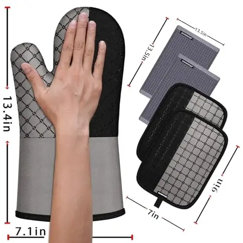 Oven Mitts and Pot Holders Sets 6pcs, Kitchen Oven Glove,High Heat Resistant 550 Degree Extra Long Oven Mitts and Potholders with Non-Slip Silicone Surface for Home Essentials (Grey) (Gray 2) - 2