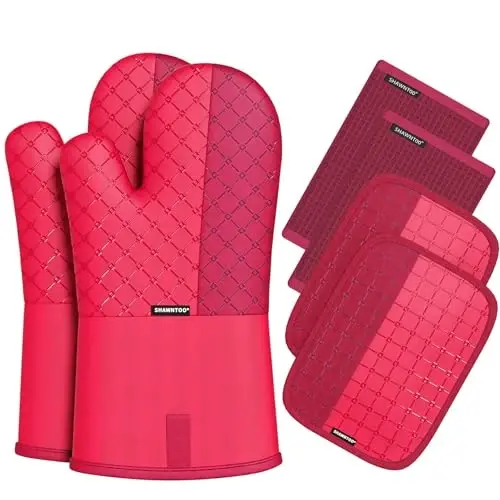 Oven Mitts and Pot Holders Sets 6pcs, Kitchen Oven Glove,High Heat Resistant 550 Degree Extra Long Oven Mitts and Potholders with Non-Slip Silicone Surface for Home Essentials (Grey) (Passion Red) - 5