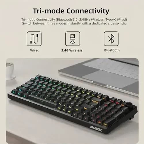 FIRSTBLOOD ONLY GAME. AK992 Hot-Swappable 2.4G Wireless/Bluetooth 5.0/USB Wired Triple Mode Mechanical Keyboard, 98 Keys Full Layout, RGB Backlit, Brown Switches, Black Side Carving PBT Keycaps - 3