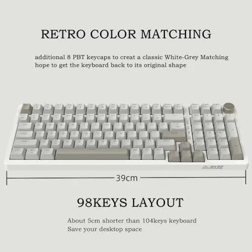 FIRSTBLOOD ONLY GAME. AK992 Retro Wired Mechanical Keyboard, 98 Keys Full Layout, Hot-Swappable USB Gaming Keyboard with Red Switches, Multimedia Keys Knob, Blue Backlit, Anti-Ghosting, Grey - FIRSTBLOOD ONLY GAME. (1)