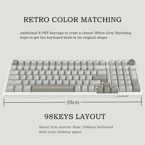 FIRSTBLOOD ONLY GAME. AK992 Retro Wired Mechanical Keyboard, 98 Keys Full Layout, Hot-Swappable USB Gaming Keyboard with Red Switches, Multimedia Keys Knob, Blue Backlit, Anti-Ghosting, Grey - 2