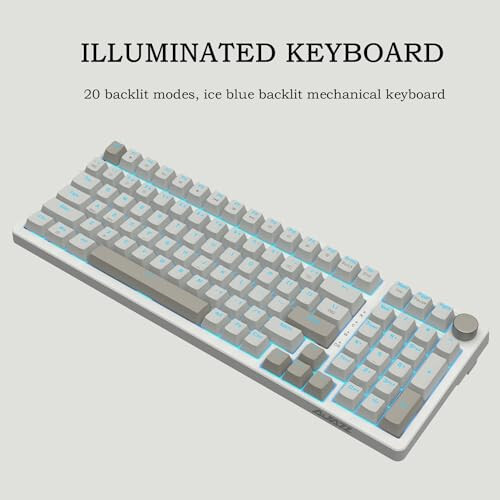 FIRSTBLOOD ONLY GAME. AK992 Retro Wired Mechanical Keyboard, 98 Keys Full Layout, Hot-Swappable USB Gaming Keyboard with Red Switches, Multimedia Keys Knob, Blue Backlit, Anti-Ghosting, Grey - 5