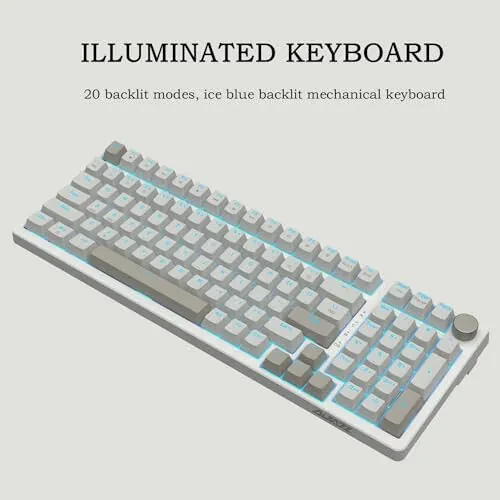 FIRSTBLOOD ONLY GAME. AK992 Retro Wired Mechanical Keyboard, 98 Keys Full Layout, Hot-Swappable USB Gaming Keyboard with Red Switches, Multimedia Keys Knob, Blue Backlit, Anti-Ghosting, Grey - 5
