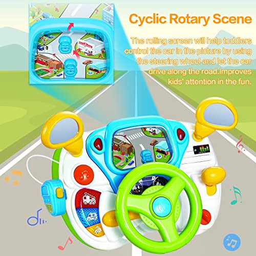 Fisca Toddler Steering Wheel Toy Baby Interactive Learning Toy for Toddler 1-3 Year Old, My First Driving Educational Baby Musical Toy with Light and Sound for Preschool Kids - 2