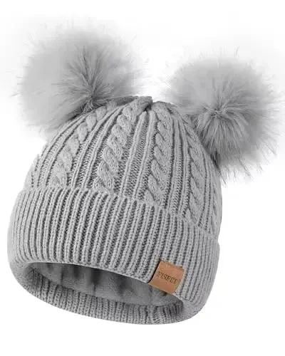 FISFET Beanies Women with Double Pom Pom, Winter Hats for Women Cold Weather Warm Knit Fleece Lined, Cute Beanie Cap - 1
