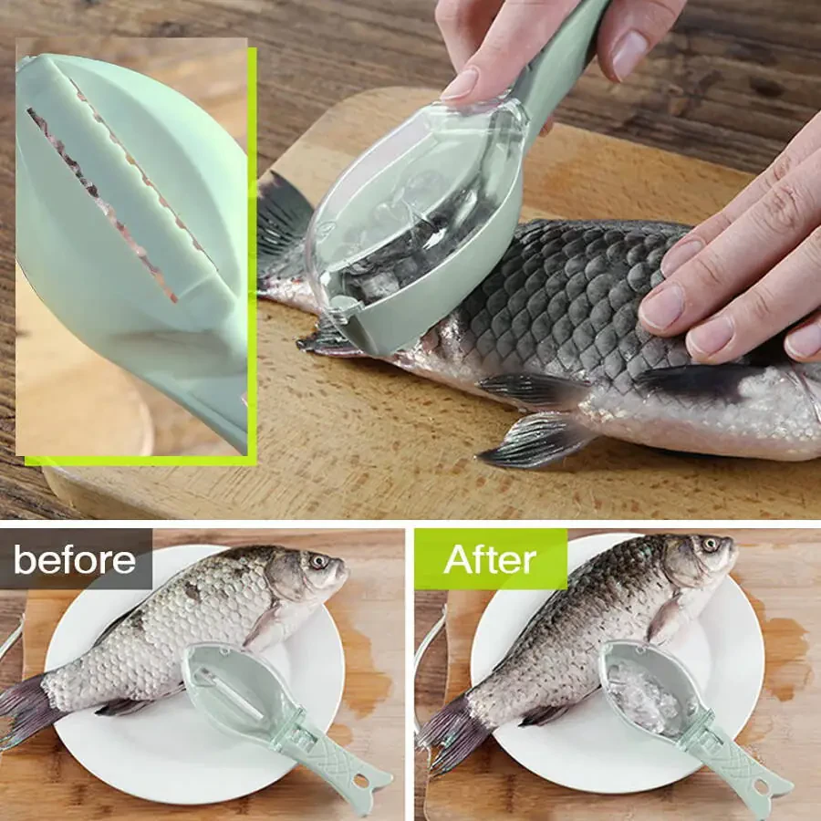 Fish Scale Remover Cleaner Kitchen Fish Scaler Fish Skin Graters Cleaning Peeler Scaler Scraper, Fast Remove Fish Skin for Kitchen Fish Cleaning Tools, Green - 2
