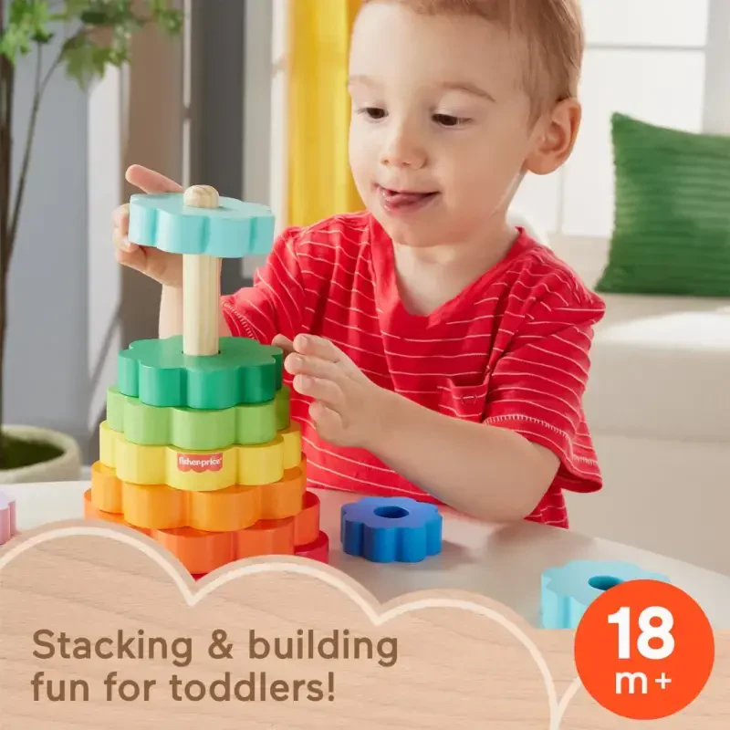 Fisher-Price Wooden Rainbow Ring Stacking Toy, Fine Motor Skills for Toddlers 18 month, 26 Wood Pieces - 4