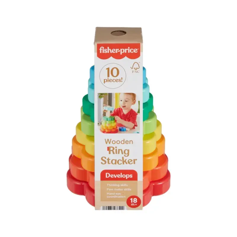 Fisher-Price Wooden Rainbow Ring Stacking Toy, Fine Motor Skills for Toddlers 18 month, 26 Wood Pieces - 6