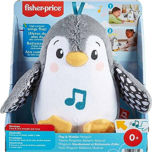 Fisher-Price Baby Tummy Time Toy Flap & Wobble Penguin, Plush with Music & Motion for Sensory Play Newborns Ages 0+ Months - 6