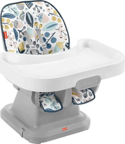 Fisher-Price SpaceSaver High Chair Navy Foliage, portable infant-to-toddler dining chair and booster seat with easy clean up features - 1