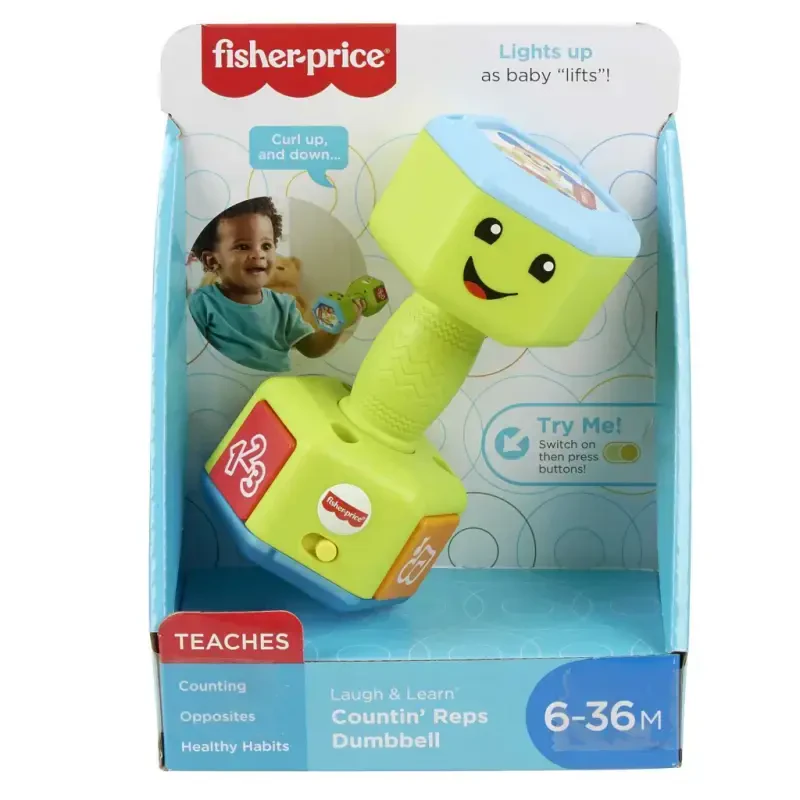 Fisher-Price Kulgi va O'rganish Sanash Reps Dumbbell Musiqali Chaqaloq Jiringlaydigan O'yinchoq Jinsi Noma'lum Chaqaloq va Kichkintoy uchun - 6