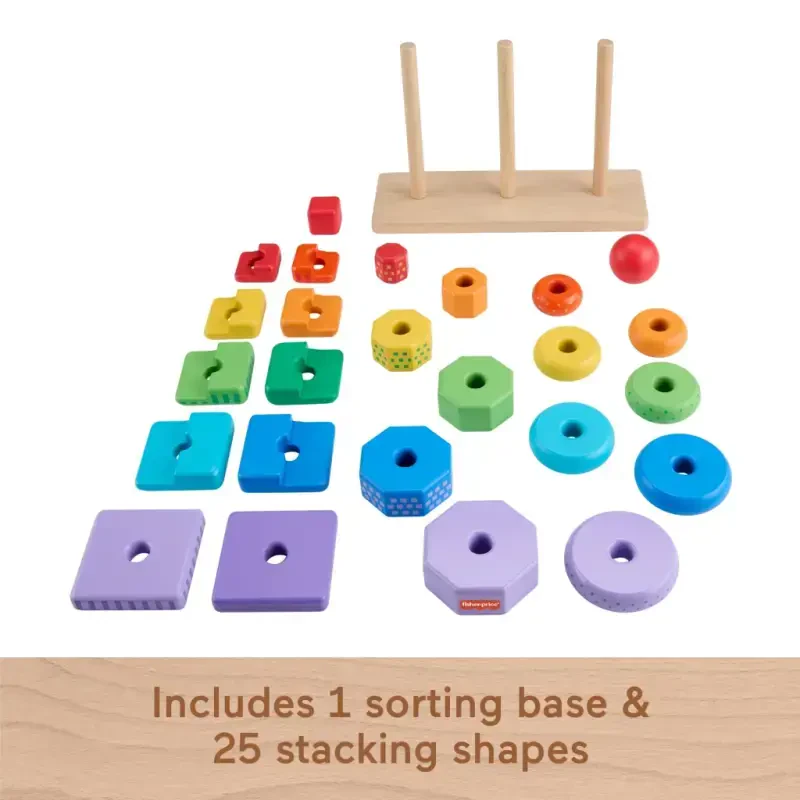 Fisher-Price Wooden Rainbow Stacking Shape Sorter, Fine Motor Toy for Toddlers, 26 Wood Pieces - 4