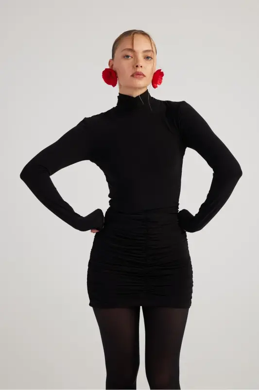 Fisherman Collar Gathered Mini Tami Dress Black - 8