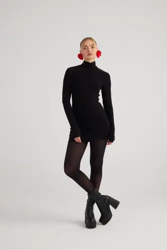 Fisherman Collar Gathered Mini Tami Dress Black - 13