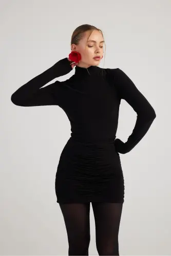 Fisherman Collar Gathered Mini Tami Dress Black - 6