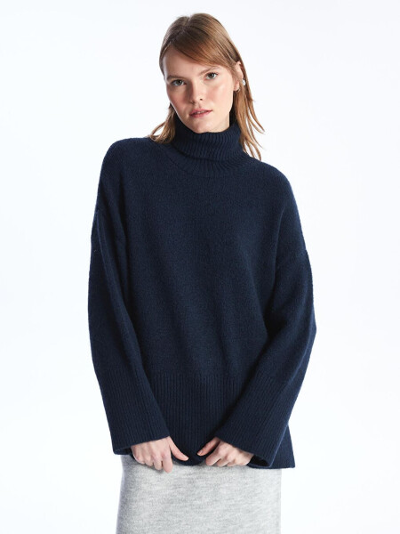 Fisherman Neck Soft Texture Comfortable Fit Knit Sweater - Navy Blue - 1