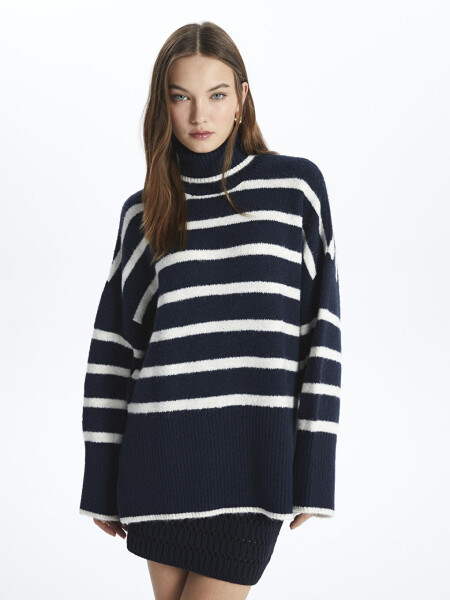 Fisherman Neck Soft Textured Relaxed Fit Striped Knit Sweater - Vanetta - 8