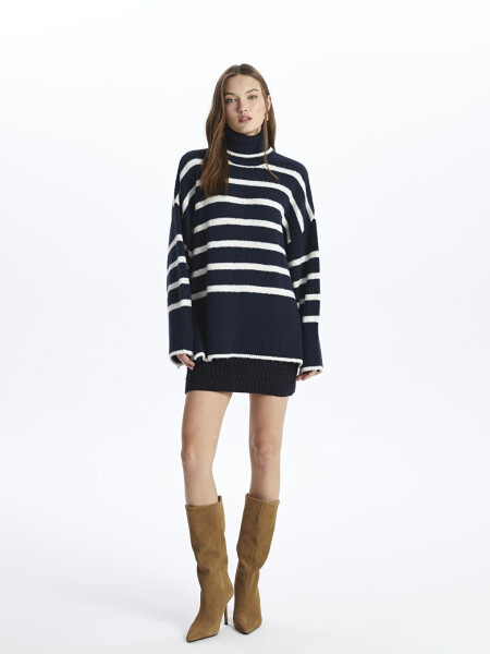 Fisherman Neck Soft Textured Relaxed Fit Striped Knit Sweater - Vanetta - 2