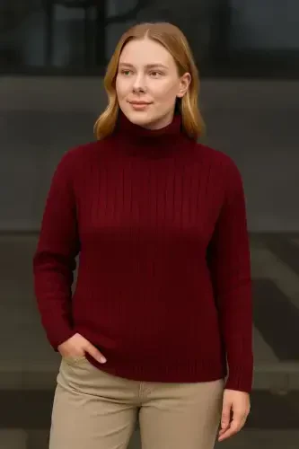 Fisherman Ribbed Funnel Neck Knit Jumper Cotton Blend Thick Ribbed Knit - Burgundy - 1