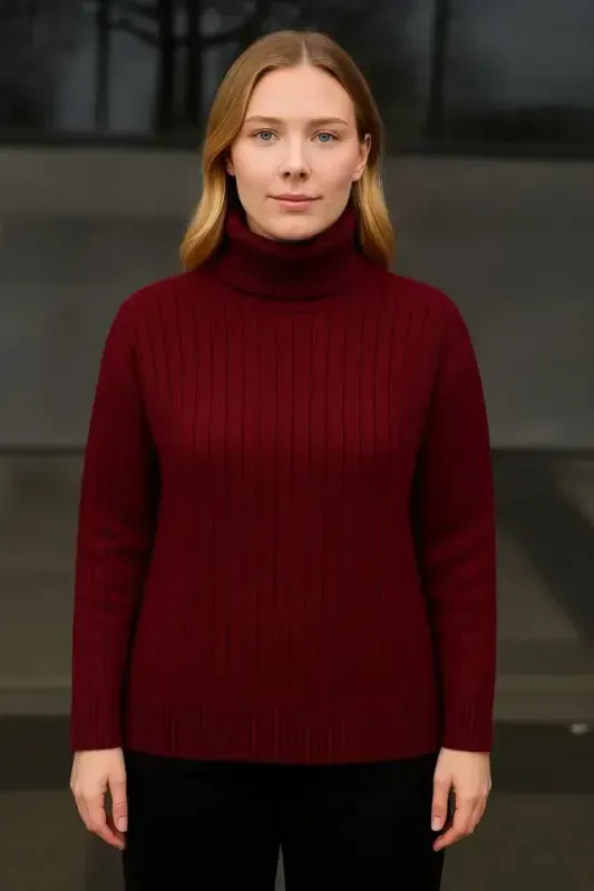 Fisherman Ribbed Funnel Neck Knit Jumper Cotton Blend Thick Ribbed Knit - Burgundy - 2