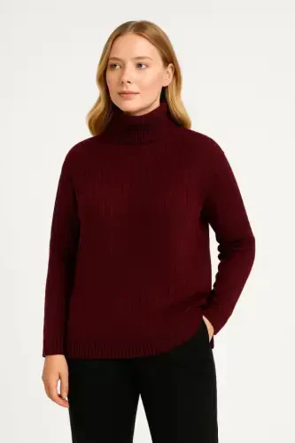Fisherman Ribbed Funnel Neck Knit Jumper Cotton Blend Thick Ribbed Knit - Burgundy - 3
