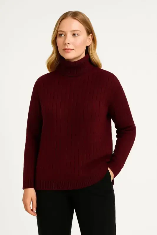 Fisherman Ribbed Funnel Neck Knit Jumper Cotton Blend Thick Ribbed Knit - Burgundy - 3