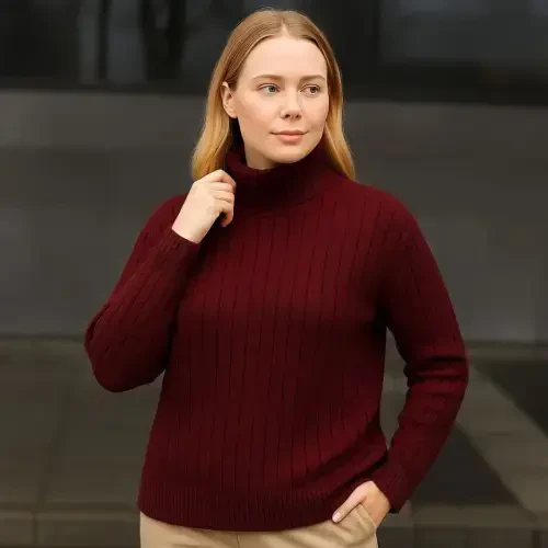 Fisherman Ribbed Funnel Neck Knit Jumper Cotton Blend Thick Ribbed Knit - Burgundy - 4