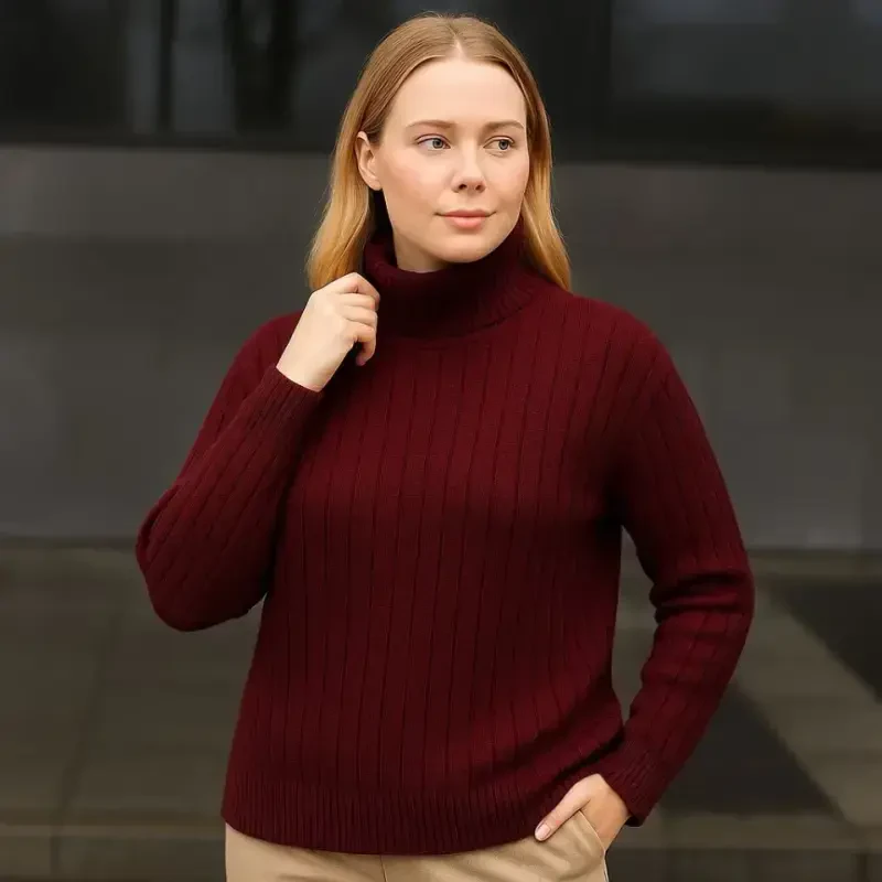Fisherman Ribbed Funnel Neck Knit Jumper Cotton Blend Thick Ribbed Knit - Burgundy - 4