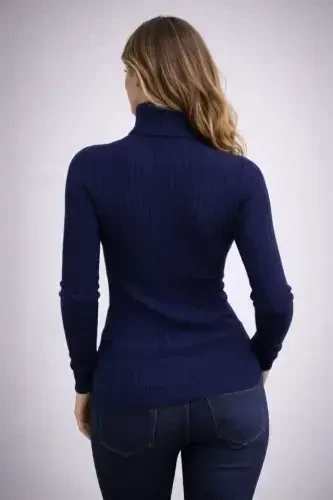 Fisherman Ribbed Knit Jumper Cotton Thick Waffle Weave - Navy Blue - BÜYÜKBEDENIZ (1)